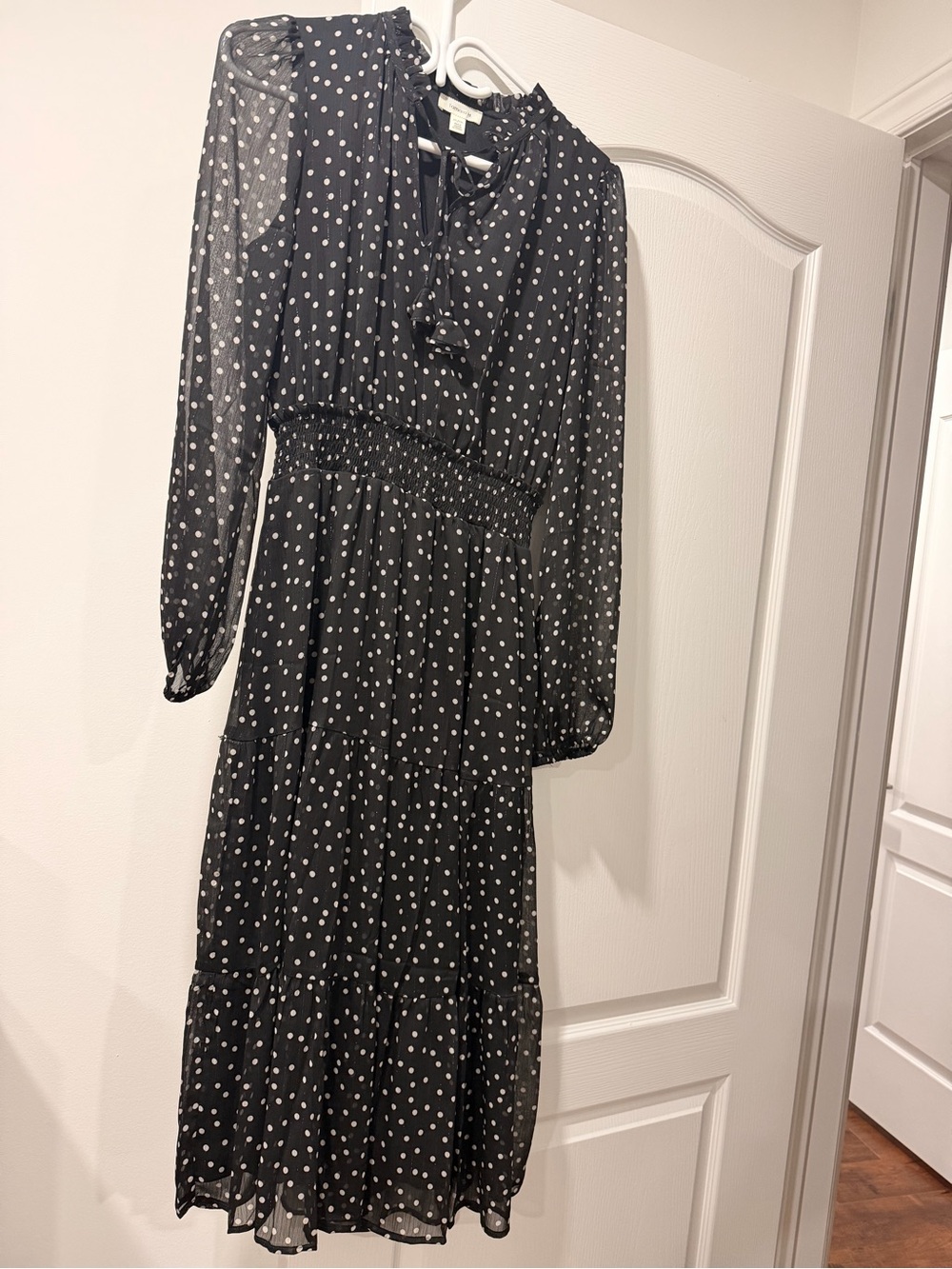 Black Polka Dot Long Sleeve Midi Dress